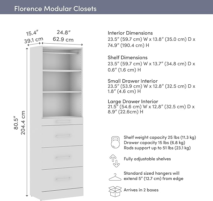 Bestar 25W x 16D Modular Closet Organizer System Tower, Reach-in Closet or Walk-in with Shelves and 4 Drawers, Slab Style, Florence Collection, White
