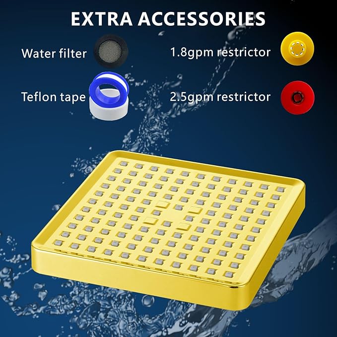 Voolan High Pressure Rain Shower Head - Luxury Modern Look - The Adjustable Replacement For Your Bathroom Showerhead - 6" Square High Flow Pressure Boosting Showers (Gold)