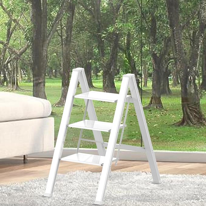 3 Step Lightweight Folding Ladder for Home, 330lbs Aluminum Step Ladder Anti-Slip for Kitchen, Step Stool Foldable Adults for Closet, 330lbs - White