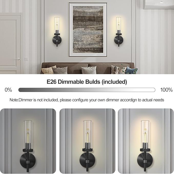 Knurled Wall Sconces Set of Two, Black Wall Sconce Lights, 14" Black Bathroom Wall Sconces, Glass Linear Sconce Wall Lighting, Vanity Lights Bathroom Light Fixture Wall Lights for Living Room