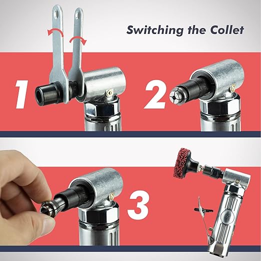 Air Angle Die Grinder, 0.25 hp and 21,000 RPM Motor, Lightwight Aluminum Body, Safety Lock, With 1/4" 1/8" Collets, Pneumatic Power Tool For Grinding and Polishing on Metalwork Woodwork