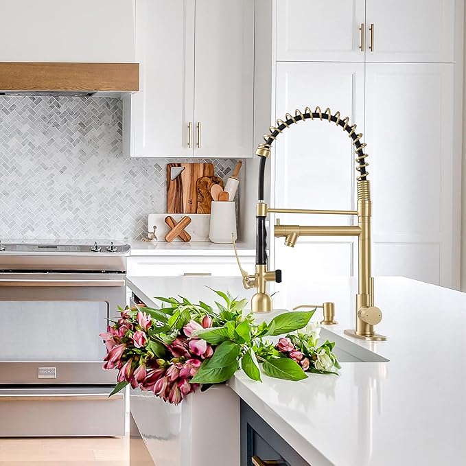 Fapully Commercial Kitchen Faucets with Pull Down Sprayer Brushed Gold LED Single Handle Faucet for Kitchen Sink, Kitchen Faucet with Soap Dispenser and Deck Plack for 4 Hole