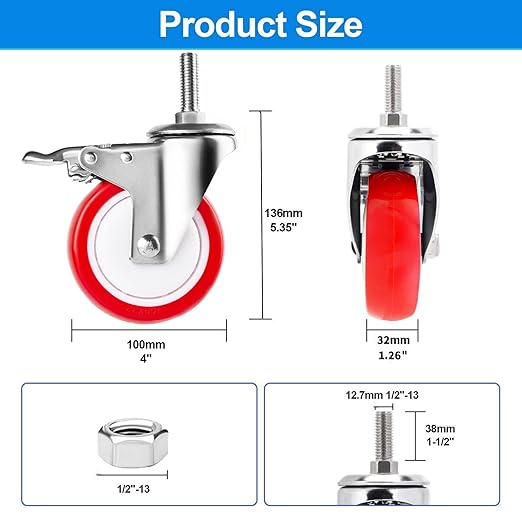 4 inch Stainless Steel Caster Wheels, 1/2"-13x1-1/2 Threaded Stem Casters, TPR Rubber Wheels for Furnitures,Restaurant,Labs,Hospital (4 with Brake, Red PU, 1/2“-13x1-1/2)