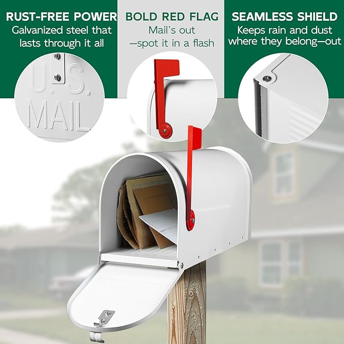 White Mailboxes for Outside Post Mount, Galvanized Steel Metal Mailbox, Standard Size, 20 x 8.7 x 6.7 Inches