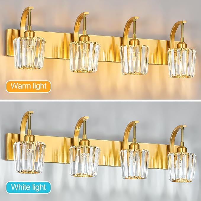 Modern Bathroom Vanity Light, 4-Light Gold Wall Sconce with Crystal Accents, Over Mirror Bathroom Lighting Fixture, 32.67" Long Dimmable Vanity Lamp for Makeup, Easy Installation