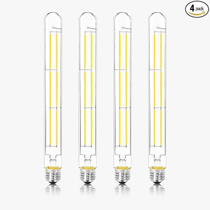 11.8IN 1000LM 5000K Daylight White Light Bulbs E26 Base, T10 T9 Edison Bulbs Dimmable 8W, AC 120V 100 Watt Equal Filament Bulb, Vintage Clear Glass Long Tubular LED Bulb, UL Listed - 4Pack