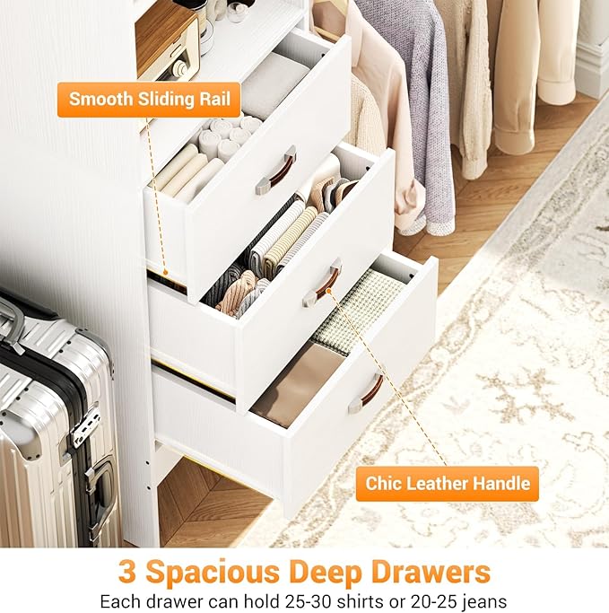 Homieasy 96 Inches Closet Organizer System, 8FT Customizable Walk In Closet Organizer with Hanging Rods, 3 Drawers Garment Rack with Leather Handle , 96" L x 16" W x 75" H, Max Load 1000 LBS, White