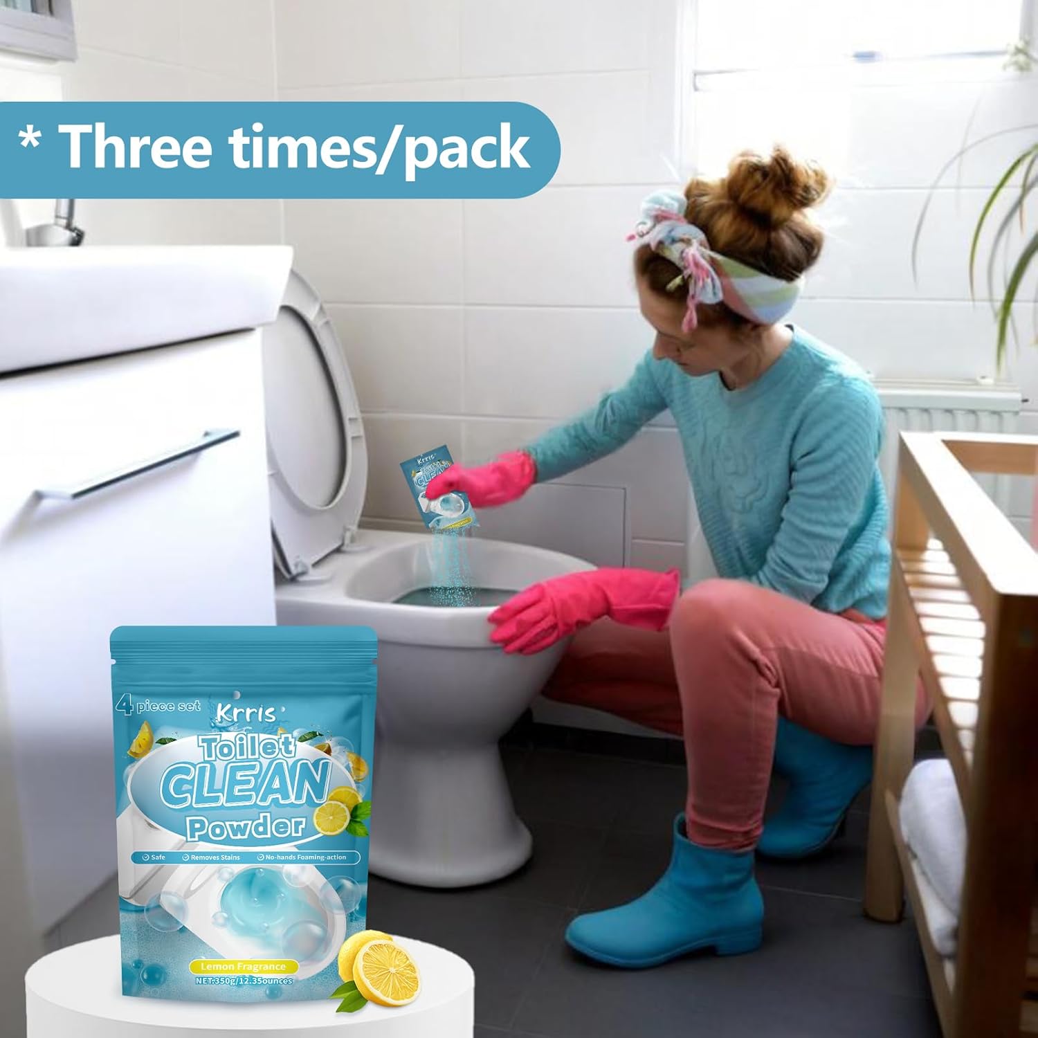 Toilet Bowl Cleaner Powder - Self-Activating Toilet Cleaner for Stubborn Stains & Limescale, Deep Cleaning Foam with Lemon Fragrance, Safe Toilet Cleaning Supplies (4 Packs × 3 oz)