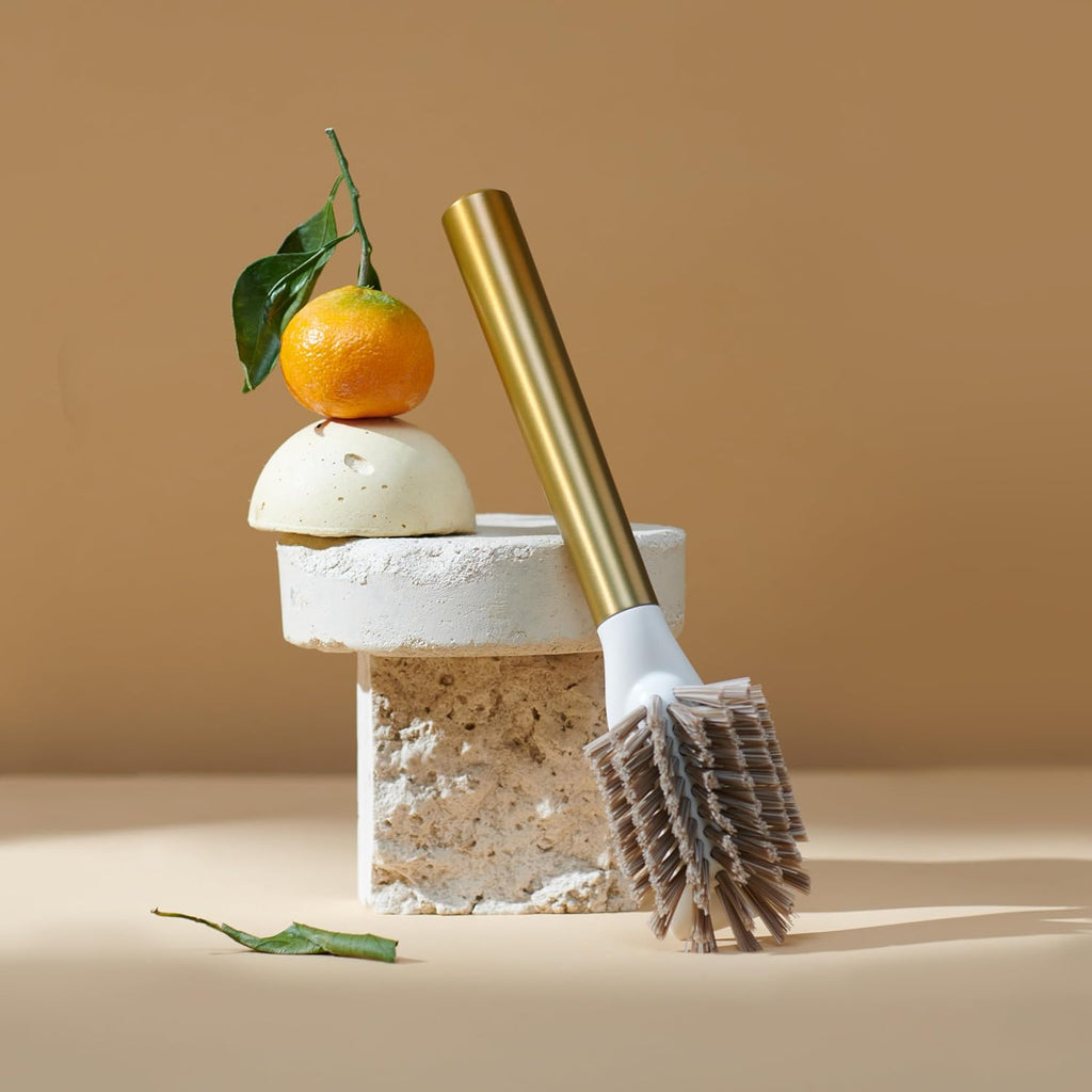 Ionic Dish Brush, Magnetized to Stand Upright, Stainless Steel with Replaceable Head, Brass/Gold