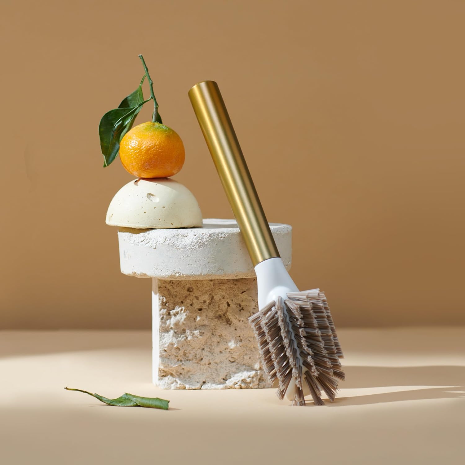 Ionic Dish Brush, Magnetized to Stand Upright, Stainless Steel with Replaceable Head, Brass/Gold