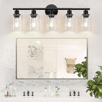 5-Light Bathroom Light Fixtures, Black Modern Vanity Lights with Clear Glass Shade, Bathroom Wall Lamp for Mirror Kitchen Living Room Hallway Cabinet Porch