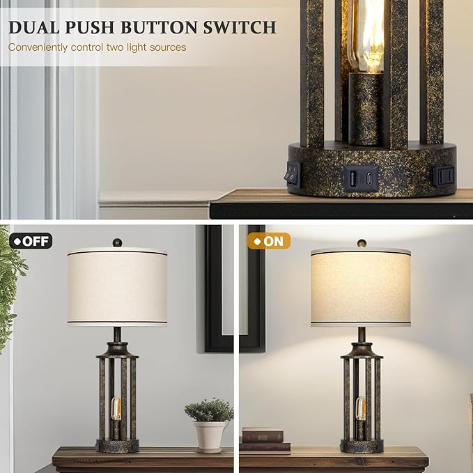 27.5" Bronze Farmhouse Table Lamps for Living Room, Tall Vintage Lamps Set of 2 with USB A+C Charging Port & AC Outlet, Rustic Bedside Lamp with Night Light, Bedroom Lamp for Nightstand Side End Table