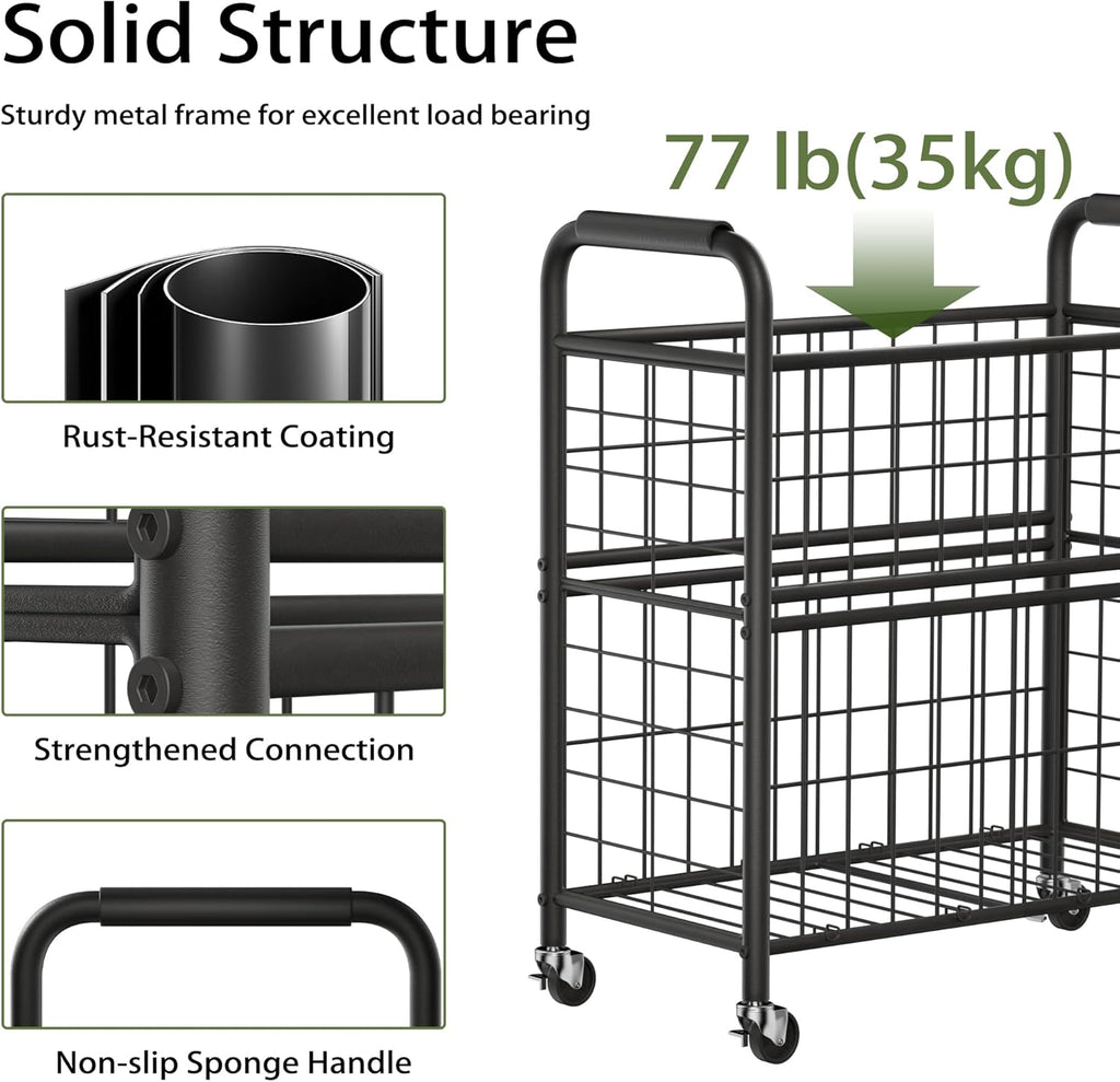 Laundry Hamper 3 Section, 145L Rolling Laundry Sorter Basket with Wheels, 3 Compartment Clothes Organizer Cart, Pull-Out Removable Bags for Laundry Room, Bathroom, Bedroom, Black