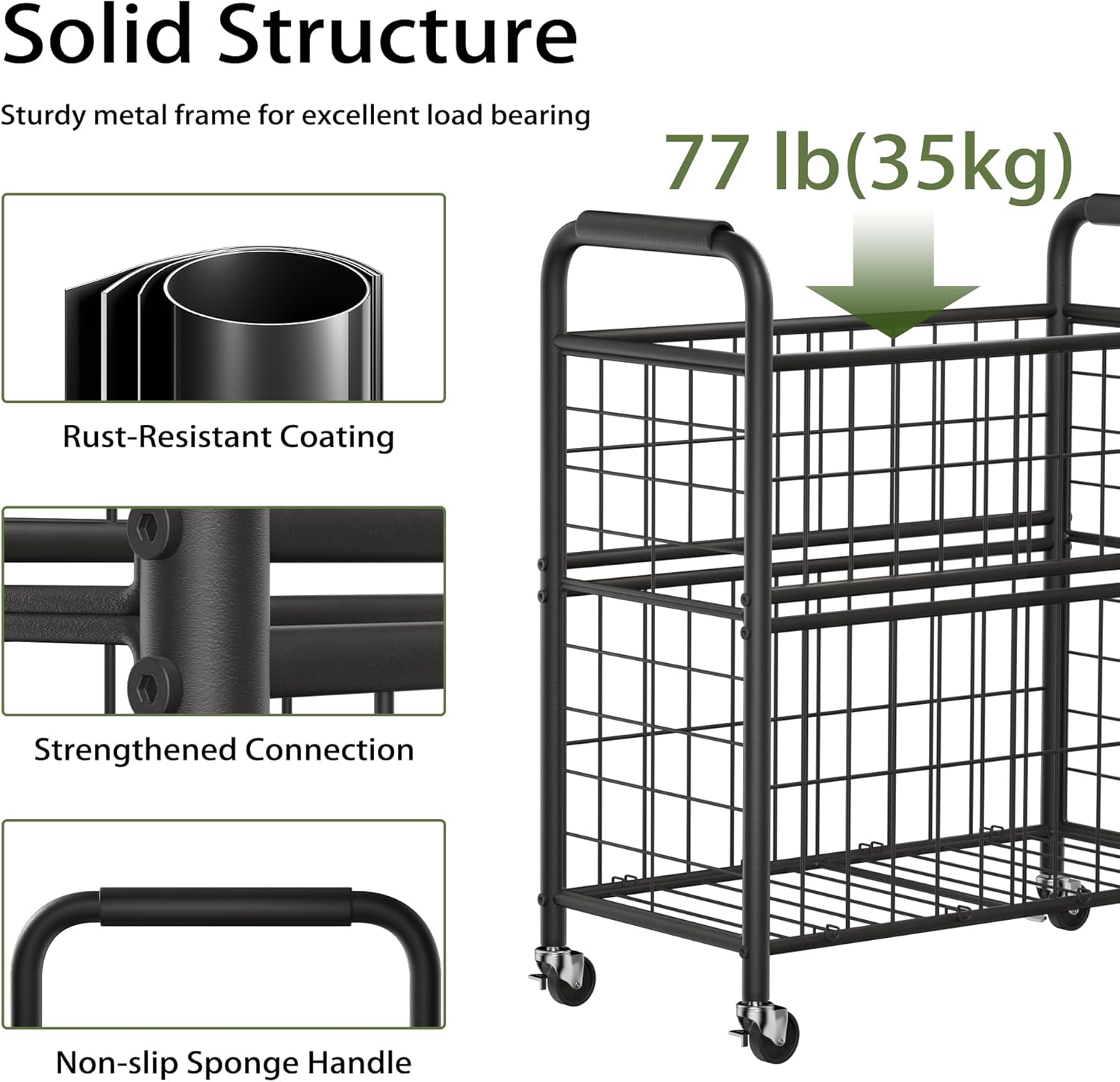 Laundry Hamper 3 Section, 145L Rolling Laundry Sorter Basket with Wheels, 3 Compartment Clothes Organizer Cart, Pull-Out Removable Bags for Laundry Room, Bathroom, Bedroom, Black