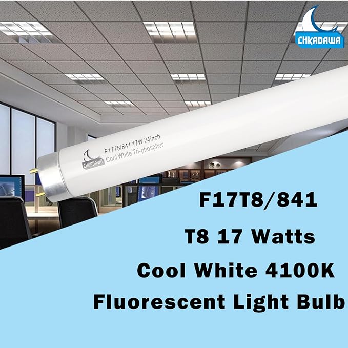 24 Inch Fluorescent Light Bulb F17T8/841 17 Watts, 2 Ft T8 17W Cool White 4100K Straight Linear Fluorescent Tube, G13 Medium Bi-Pin Base, 6 Pack