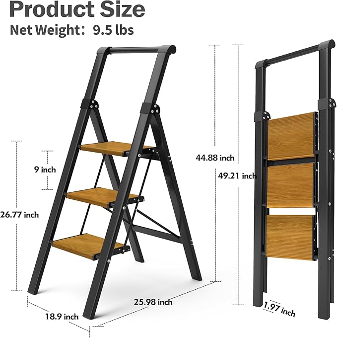 HillhutApex 3 Step Foldable Aluminum Step Ladder with Handgrip, Anti-Slip Wide Pedal, 330 lbs Capacity, Lightweight & Portable for Home, Kitchen, Office (Black & Woodgrain)