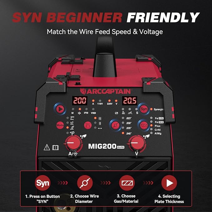 ARCCAPTAIN MIG Welder 200A, Upgraded 6 IN 1 Welding Machine 110V/220V Flux Core MIG/Gas MIG/Lift TIG/Stick Welding/Spool Gun MIG/Spot Multiprocess Welder with Synergy, Burn Back Adjustment, Inductance