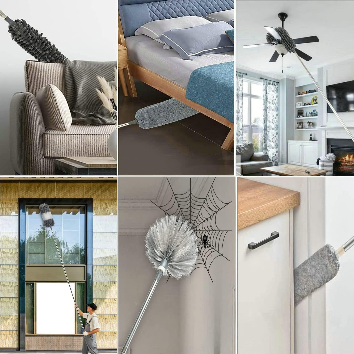 Microfiber Duster Kit High Reach Ceiling Fan Duster with Extendable Pole 100" Telescoping Cobweb Duster for Cleaning, Bendable Head Washable Duster for Ceiling, Fan, Furniture