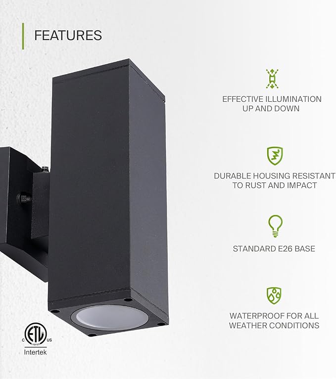 ASD 2 Light Square Dusk to Dawn Outdoor Wall Light Fixture | 120W E26 Bulb Socket 120V ETL Cylinder Up Down Lights | LED/CFL/Incandescent Bulb Wall Sconce | Front Door, Porch, Patio | Black