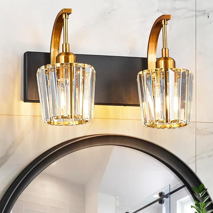 Modern Bathroom Vanity Light, 2-Light Black Gold Wall Sconce with Crystal Accents, Over Mirror Bathroom Lighting Fixture, 13.77" Long Dimmable Vanity Lamp for Makeup, Easy Installation