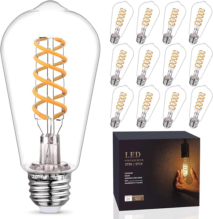 Edison Light Bulbs 60W Equivalent, Dimmable Vintage LED Light Bulbs, E26 Medium Base, Warm White 2700K, ST58, 6W, 600LM, 80+ CRI, Antique Decorative Filament LED Bulb, Clear Plastic, 12 Pack