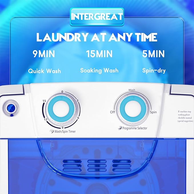 INTERGREAT Portable Washing Machine, 6.6 Lbs Mini Washer Machine, Single Tub Laundry Small Washer for Apartments, Dorms, RV, Traveling, Blue