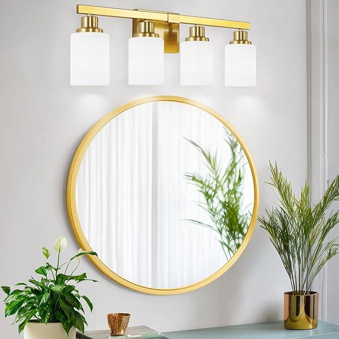 4-Light Gold Vanity Light, Modern Gold Bathroom Light Fixtures Over Mirror with Milky White Glass Shade, Bath Wall Mount Lights Wall Lamp for Mirror Bedroom, Living Room Hallway Kitchen