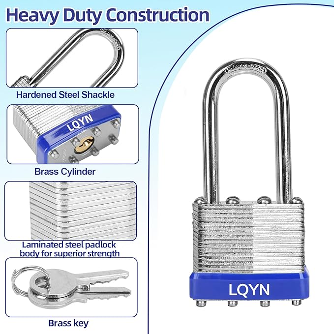 Padlocks with Same Key, LQYN 48 Pcs Laminated Keyed Padlock (1-9/16", 40mm), Keyed Alike Locks, Long Shackle, for Storage Locker, Hasp Latch, Toolbox, Sheds