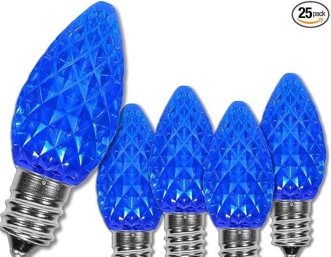 Wintergreen Lighting 25 Pack OptiCore C7 LED Christmas Light Bulbs - Heavy Duty Premium Outdoor Christmas Lights, E12 Base (Blue Faceted)