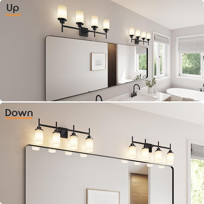 Wall Light Fixtures 4-Light Over Mirror, Matte Black Vanity Lights with White Frosted Glass Shade, Wall Sconces for Bathroom Kitchen T001MB-L4