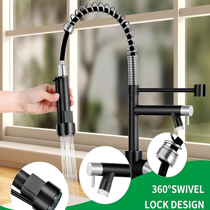 Smart Kitchen Faucet, 3 Modes Pull Down Sprayer, LED Temperature Control, Ceramic Valve,360-Degree Rotation,1 or 3 Hole Deck Plate,Double Spout. 10-Year Warranty. (KW-21NR, Brushed Nickel/Black)