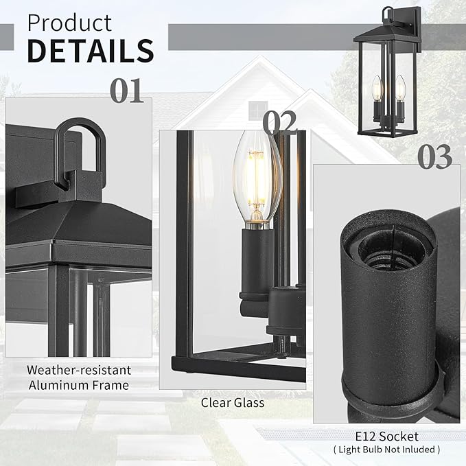 Darkaway Outdoor Wall Lights for House,2pcs Exterior Lighting Fixtures Wall Mount Porch Lights Waterproof Outdoor Sconce Lights with Clear Glass for Patio Hallway Garage E12 Socket