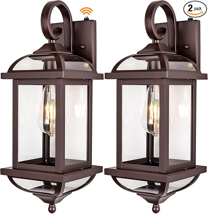 18” Bronze Outdoor Light Fixtures with Dusk to Dawn Sensor 2-Pack, Anti-Rust Aluminum Brown Outside Lights for House Enclosed Bottom Exterior Lighting Scones IP65 Waterproof Wall Lanterns
