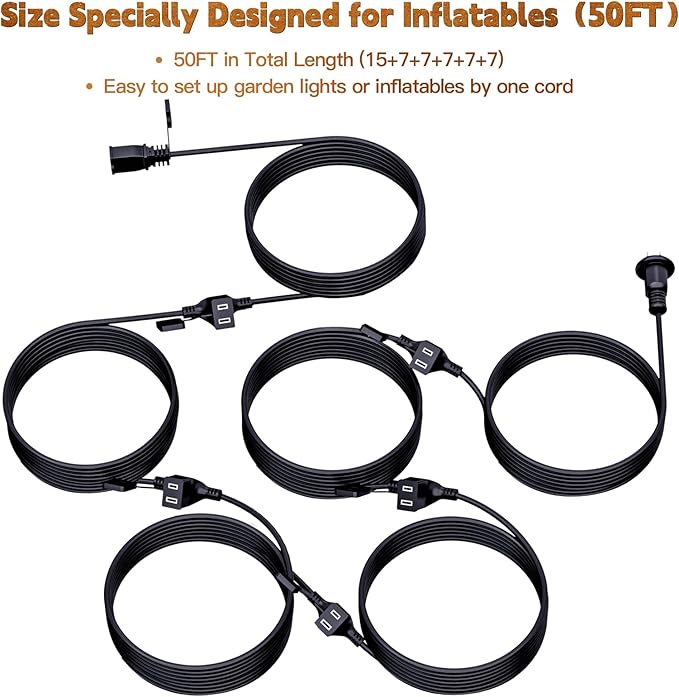 50FT Outdoor Extension Extension Cord for Halloween Christmas Inflatables with Multiple Outlets Black Electrical Cord with Multiple Plugs Outdoor Christmas Blow Up Decorations Light Extension Cords