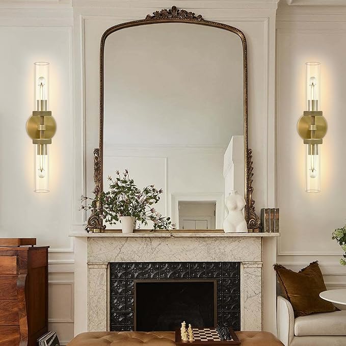 Gold Wall Sconce for Bathroom Hardwired, 20.5" Brass Wall Sconces, Linear Sconces Wall Lighting Double-Lights, Bathroom Lighting Fixtures over Mirror, Tube Bath Vanity Light for Living Room, Bedroom