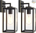 Outdoor Wall Light Fixture, Black Exterior Lantern with Clear Tempered Glass for Front Porch, Gold Trim Design, 2-Pack, E26 Base, Lanterns for Lighting, Lights for Wall mounting