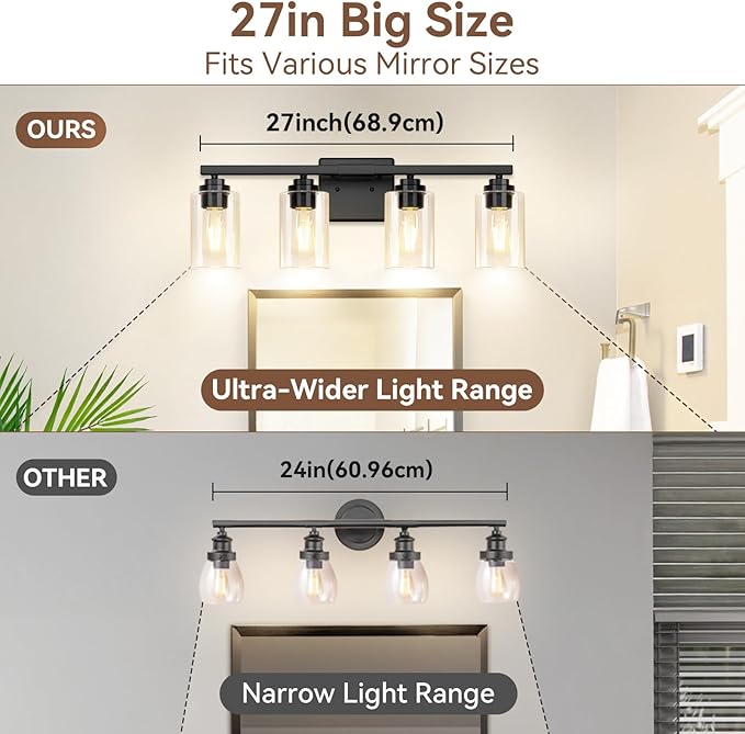 4-Light Bathroom Light Fixtures, 27" Modern Vanity Lights Over Mirror with Clear Glass Shades, Matte Black Light Fixture, Classic Wall Light Fixture for Mirror Living Room Cabinet Bedroom Porch