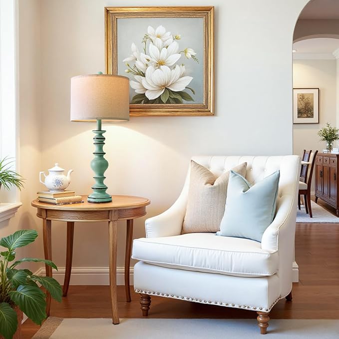 BOBOMOMO 27" Distressed Teal Table Lamps Set of 2, Large Coastal Farmhouse Resin Lamps with Linen Shades, Blue Green Lamps for Living Room, Bedroom, or Console Table Home Décor