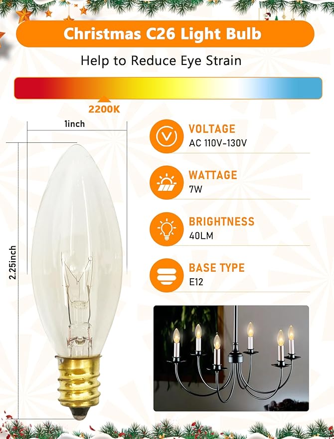 Abeja 25 Pack C26 Clear Torpedo Tip Replacement Lights Bulbs, 7 Watts Replacement Light Bulbs C26 Window Candle Bulbs for Electric Nightlights, Chandeliers, C7/E12 Candelabra Base