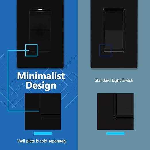 LIDER Minimalist Design Matte Finish Lighted Decorator Switch, Frameless Paddle Light Switch with Locator Light, Grounding Screw, 3-Way or Single Pole, 15A 120V, UL Listed,LS15-3W-BK10P, Black,10 Pack