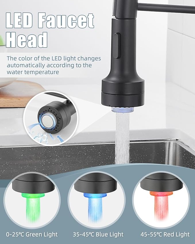 Black Kitchen Faucet with LED light,Kitchen Faucet with Soap Dispenser,Faucet for Kitchen Sink,Single Handle Stainless Steel Kitchen Sink Faucets with Pull Down Sprayer,Camper Farmhouse RV Sink Faucet