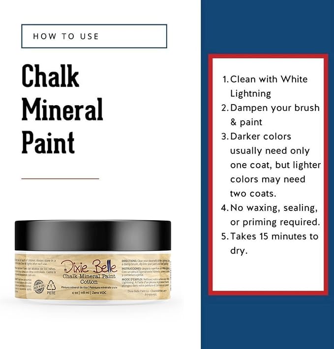 Dixie Belle Paint Company Chalk Finish Furniture Paint - Cotton (4oz) - Matte Pure White Chic Chalk Mineral DIY Furniture Paint