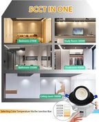 zouzai 3 Inch 5CCT Gimbal Black Led Recessed Lighting with Junction Box, 2700K/3000K/3500K/4000K/5000K, 7W Eqv 80W, 360°+90° Adjustable Led Recessed Lights, 798LM Brightness - ETL (Black, 6 Pack)