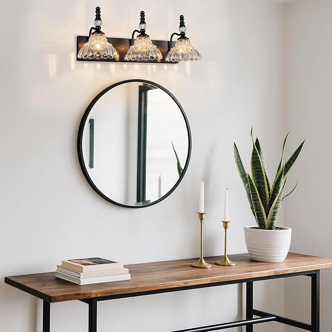 Vintage Bathroom Vanity Light, 3-Light Black Vanity Lighting Fixture with Flower Glass Shade, Bathroom Lighting Fixtures Over Mirror
