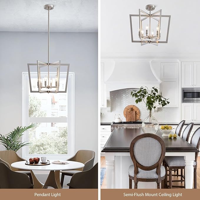 Brushed Nickel Chandelier, 6-Light Geometric Dining Room Light Fixture Over Table Metal Modern Chandelier Lighting for Kitchen Island Entryway, 20 Inch Pendant Lighting Hanging Ceiling Lamp