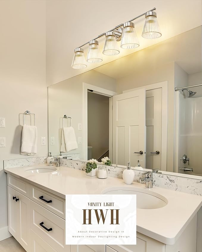 Brushed Nickel Bathroom Vanity Light, HWH 5-Light Bathroom Light Fixtures Modern Wall Vanity Lamp for Bathroom Over Mirror, Clear Striped Glass Shade, 5HZG97B-5W BN