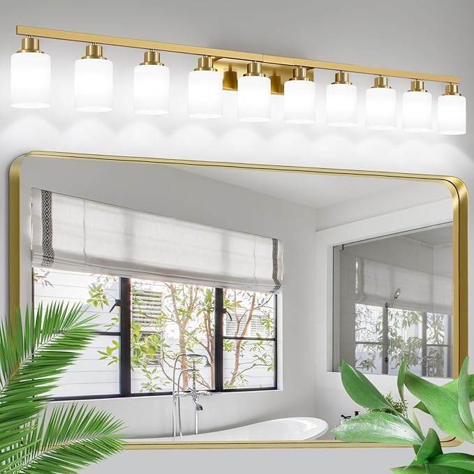 Gold Bathroom Vanity Light,10-Light Brushed Gold Bathroom Light Fixtures with White Frosted Glass,64.5in Wall Lamp Sconces for Mirror Bedroom,Living Room Hallway,E26