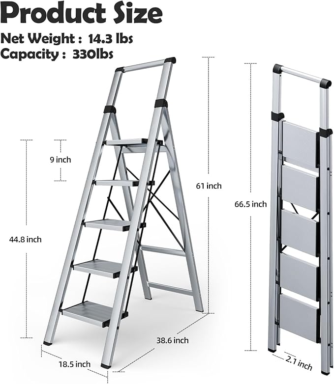 Taranta 5 Step Ladder, Portable Folding Ladder with Wide Pedal, Lightweight Aluminum Step Stool with Convenient Handgrip, 330 lbs Capacity Stepladder for Home, Office - Silver