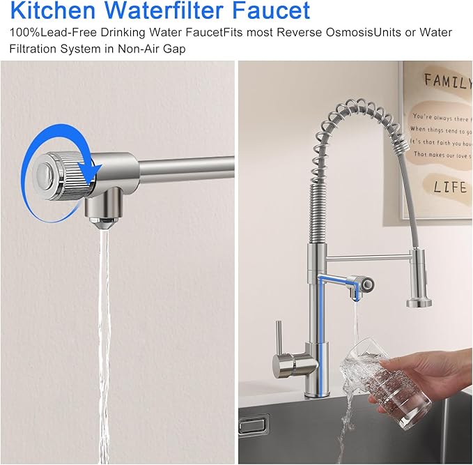 MENATT 3 in 1 Kitchen Faucet with Drinking Water Faucet, Pull Down Spring Single Handle 3 Way Kitchen Faucet Chrome, Water Filter Faucet for Kitchen Sink Bar (Without Water Filtration Device)