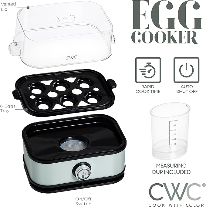 COOK WITH COLOR 6-Egg Capacity Egg Cooker – For Soft, Medium, Or Hard-Boiled Eggs, Rapid Cook Time, Auto Shut-Off & Boil-Dry Protection – Includes Tray, Measuring Cup & Lid – 210W Egg Maker, Sage
